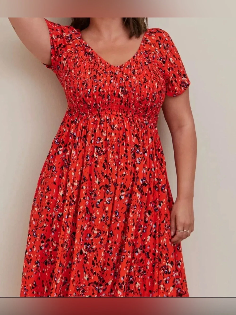 Torrid Orange-Red Printed Short-Sleeve Midi Dress with Scoop Neck size 1 (14/16) - Picture 2 of 7